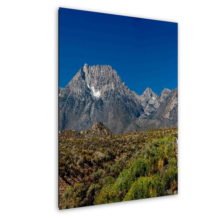 Snow-capped mountain peak with desert shrubland and clear blue sky landscape photography.
