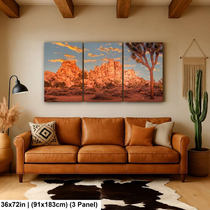 Joshua Tree sunset 3-panel canvas 36x72 inch print in southwestern living room.