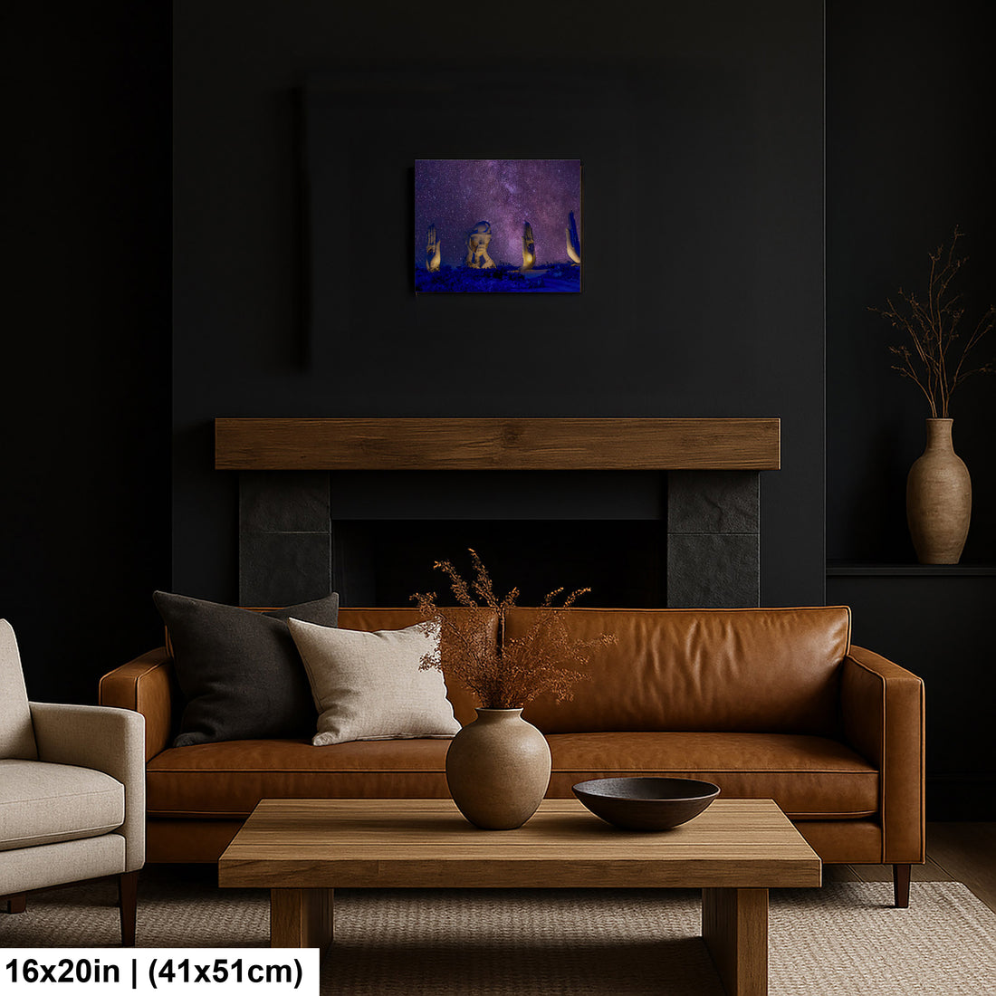 Modern living room with a brown leather sofa, minimalist decor, and a surreal mountain sculpture print hanging above the fireplace, under a starry night sky.