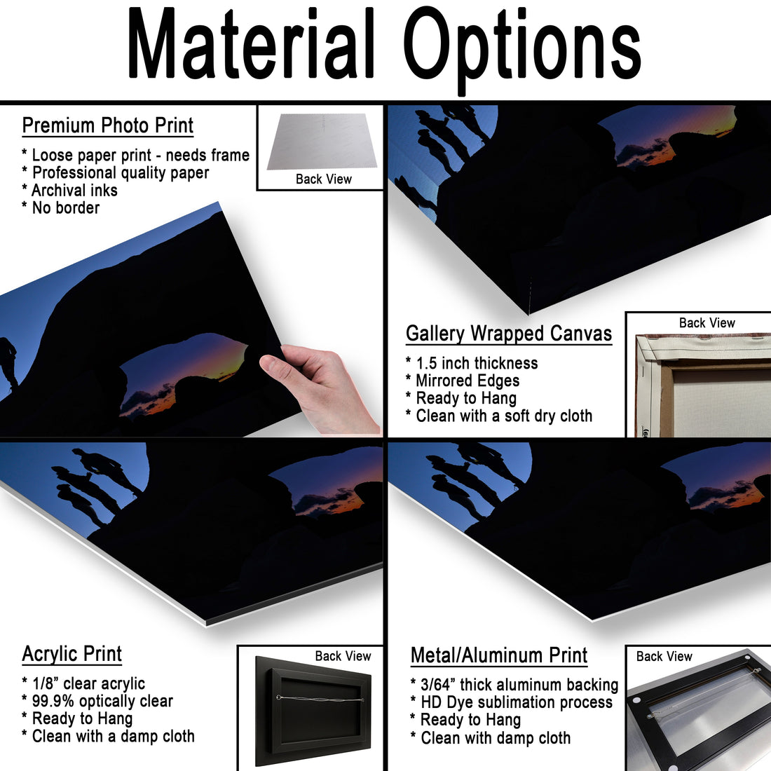 Silhouette of Arch Rock with silhoutte of people on top in Joshua Tree National Park