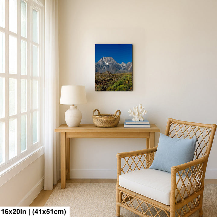 Sierra Nevada mountain peaks 16x20 inch canvas print in bright coastal reading nook.