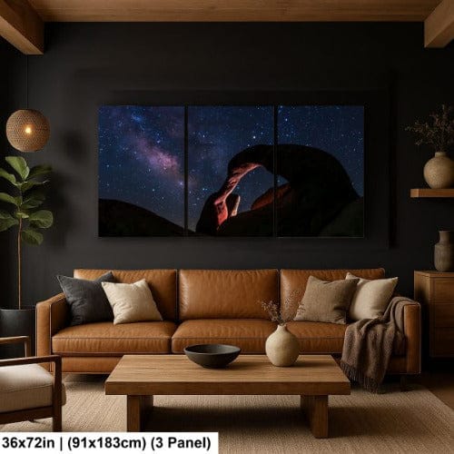 Mobius Arch Milky Way 3-panel canvas print 36x72 inch displayed in modern living room.